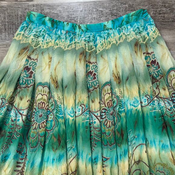 Vintage Boho Silk Blend Skirt Green Blue Floral Tie Dye Pleated Midi Size 8 - Picture 4 of 9